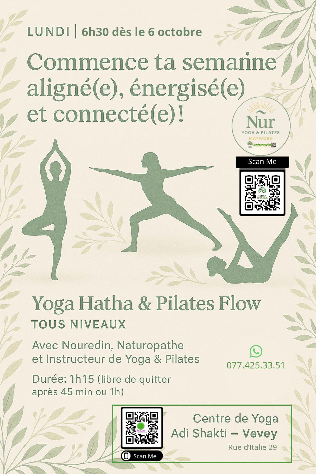 Flyer annonçant un événement de yoga Hatha et Pilates Flow avec des détails sur l'horaire et le lieu.