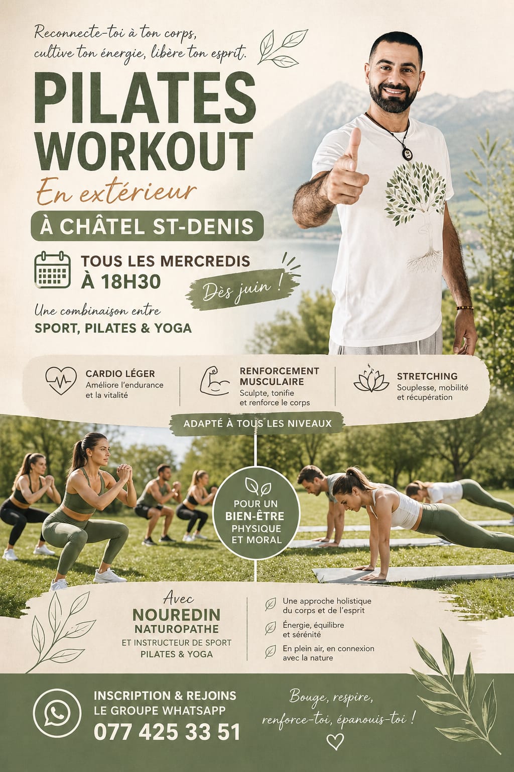 Affiche Pilates Workout en plein air : Châtel St-Denis, mercredis à 18h30, Nouredin naturopathe, cardio léger, renforcement musculaire et stretching.