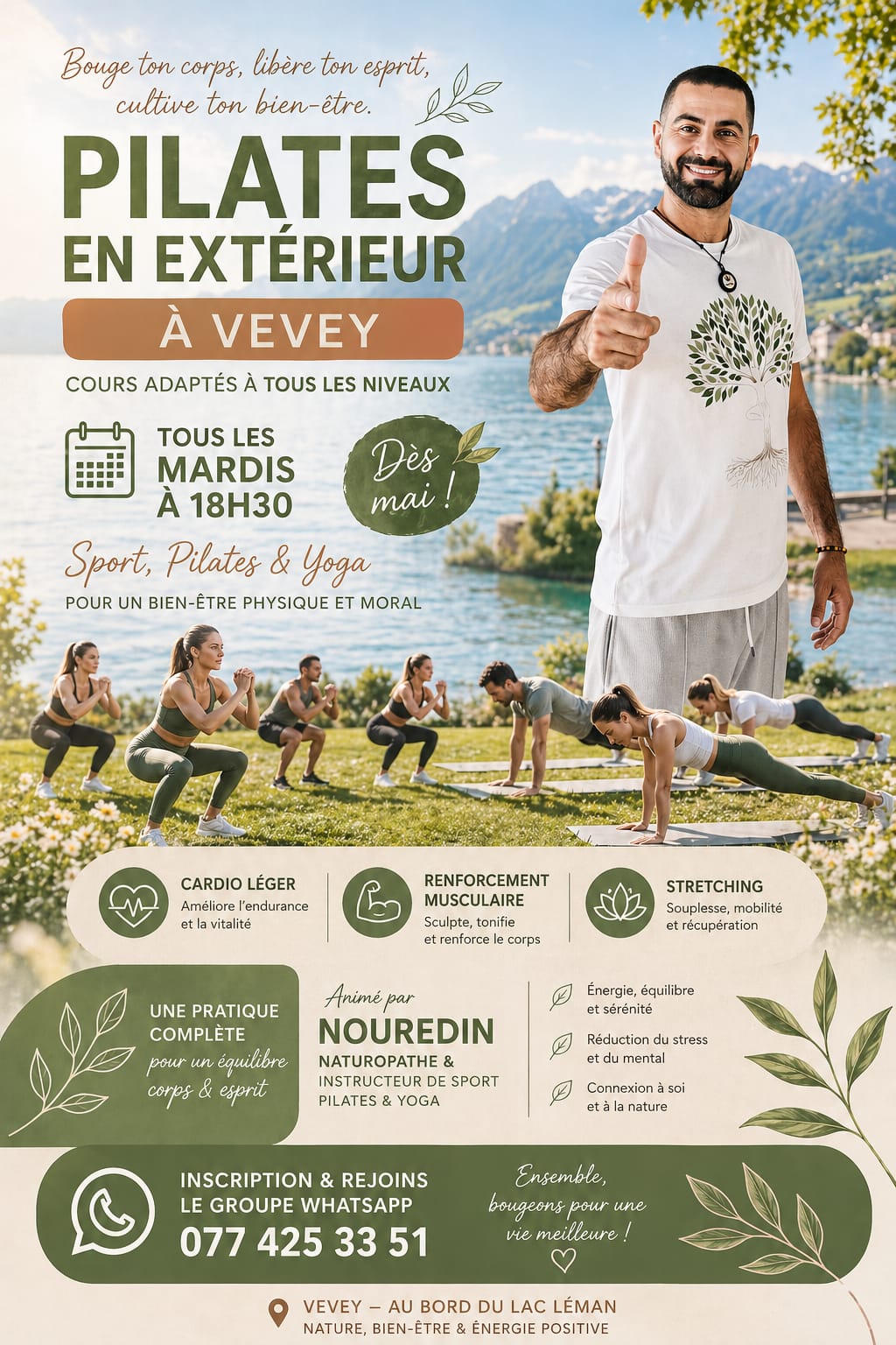 Affiche Pilates en extérieur à Vevey au bord du lac Léman.